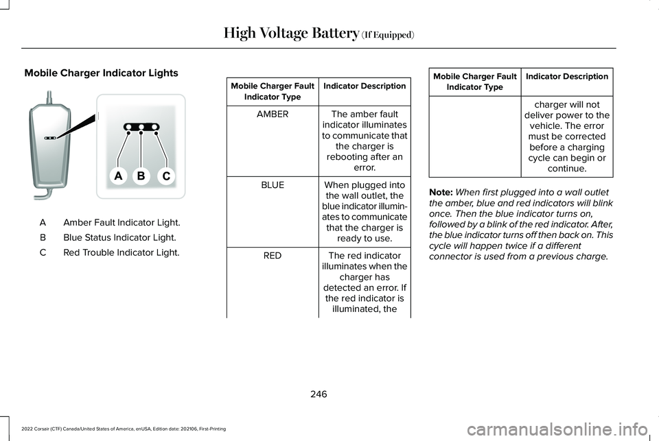 LINCOLN CORSAIR 2022  Owners Manual Mobile Charger Indicator Lights
Amber Fault Indicator Light.
A
Blue Status Indicator Light.
B
Red Trouble Indicator Light.
C Indicator Description
Mobile Charger Fault
Indicator Type
The amber fault
i