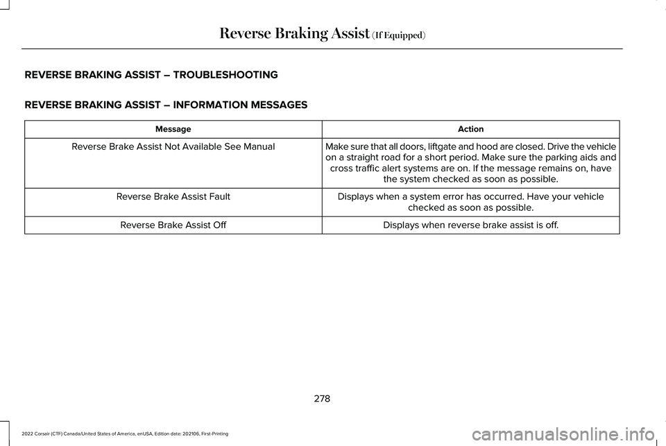 LINCOLN CORSAIR 2022  Owners Manual REVERSE BRAKING ASSIST – TROUBLESHOOTING
REVERSE BRAKING ASSIST – INFORMATION MESSAGES
Action
Message
Make sure that all doors, liftgate and hood are closed. Drive the vehicle
on a straight road f