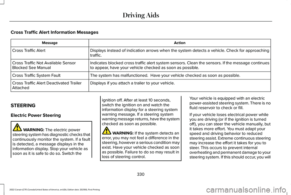 LINCOLN CORSAIR 2022  Owners Manual Cross Traffic Alert Information Messages
Action
Message
Displays instead of indication arrows when the system detects a vehicle. Check for approaching
traffic.
Cross Traffic Alert
Indicates blocked cr