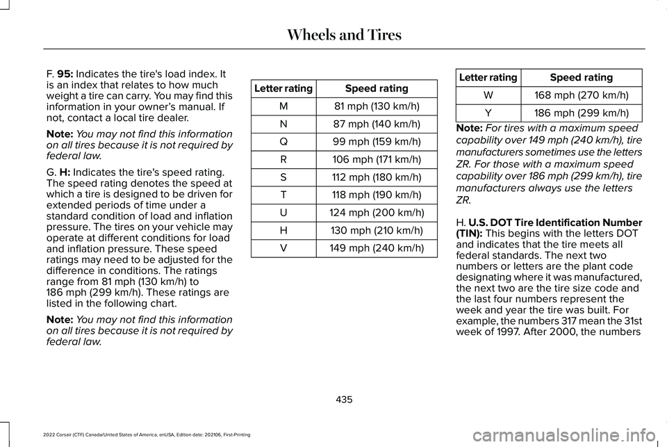 LINCOLN CORSAIR 2022  Owners Manual F. 95: Indicates the tire's load index. It
is an index that relates to how much
weight a tire can carry. You may find this
information in your owner’ s manual. If
not, contact a local tire deale