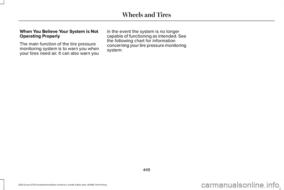 LINCOLN CORSAIR 2022  Owners Manual When You Believe Your System is Not
Operating Properly
The main function of the tire pressure
monitoring system is to warn you when
your tires need air. It can also warn you
in the event the system is