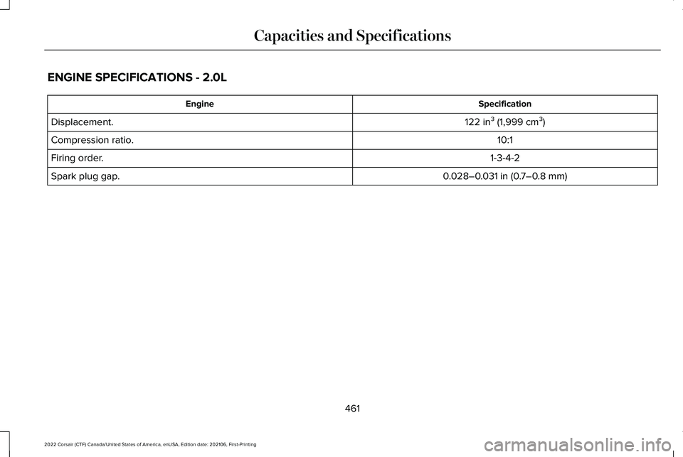 LINCOLN CORSAIR 2022  Owners Manual ENGINE SPECIFICATIONS - 2.0L
Specification
Engine
122 in³ (1,999 cm³)
Displacement.
10:1
Compression ratio.
1-3-4-2
Firing order.
0.028–0.031 in (0.7–0.8 mm)
Spark plug gap.
461
2022 Corsair (CT