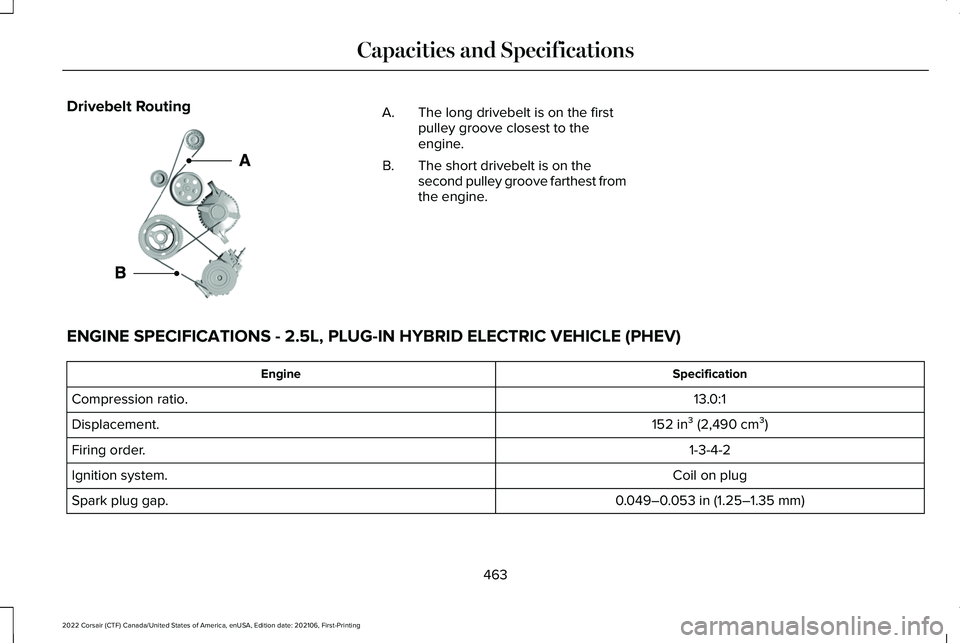 LINCOLN CORSAIR 2022  Owners Manual Drivebelt Routing
The long drivebelt is on the first
pulley groove closest to the
engine.
A.
The short drivebelt is on the
second pulley groove farthest from
the engine.
B.
ENGINE SPECIFICATIONS - 2.5