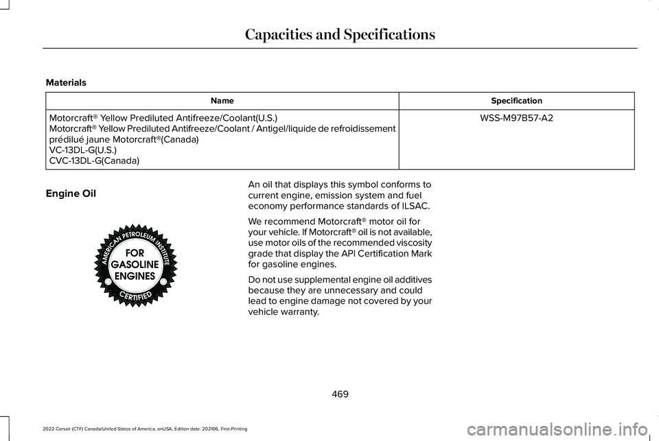 LINCOLN CORSAIR 2022  Owners Manual Materials
Specification
Name
WSS-M97B57-A2
Motorcraft® Yellow Prediluted Antifreeze/Coolant(U.S.)
Motorcraft® Yellow Prediluted Antifreeze/Coolant / Antigel/liquide de refroidissement\
prédilué j