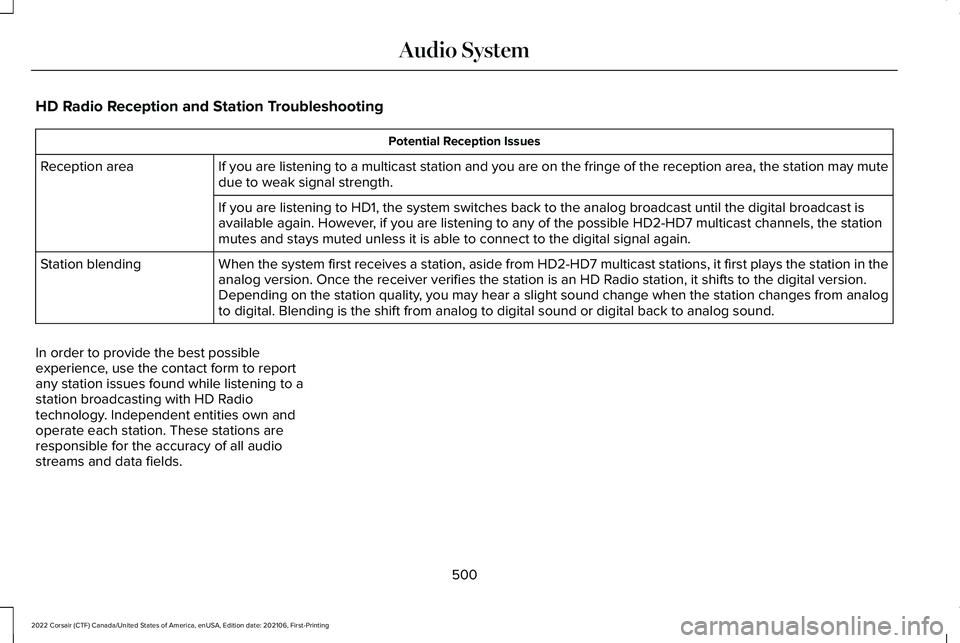 LINCOLN CORSAIR 2022 Owners Manual HD Radio Reception and Station Troubleshooting
Potential Reception Issues
If you are listening to a multicast station and you are on the fringe of\
the reception area, the station may mute
due to wea LINCOLN CORSAIR 2022 Owners Manual HD Radio Reception and Station Troubleshooting
Potential Reception Issues
If you are listening to a multicast station and you are on the fringe of\
the reception area, the station may mute
due to wea