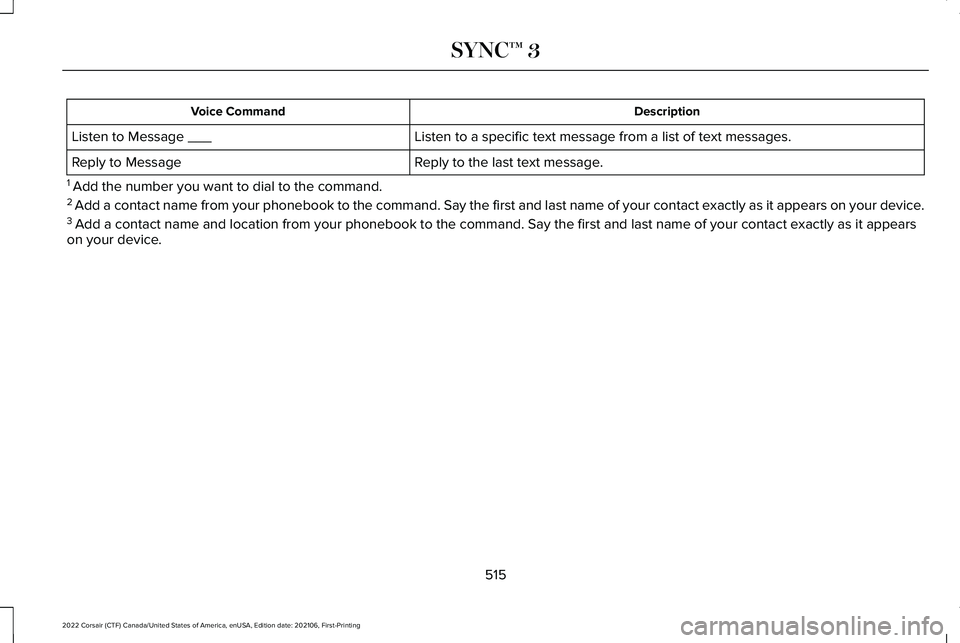 LINCOLN CORSAIR 2022  Owners Manual Description
Voice Command
Listen to a specific text message from a list of text messages.
Listen to Message ___
Reply to the last text message.
Reply to Message
1  Add the number you want to dial to t