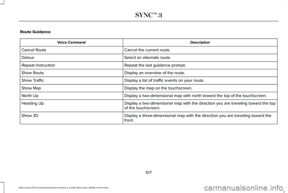 LINCOLN CORSAIR 2022  Owners Manual Route Guidance
Description
Voice Command
Cancel the current route.
Cancel Route
Select an alternate route.
Detour
Repeat the last guidance prompt.
Repeat Instruction
Display an overview of the route.
