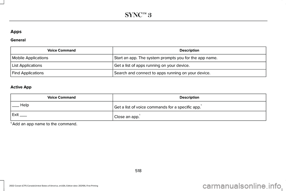 LINCOLN CORSAIR 2022  Owners Manual Apps
General
Description
Voice Command
Start an app. The system prompts you for the app name.
Mobile Applications
Get a list of apps running on your device.
List Applications
Search and connect to app