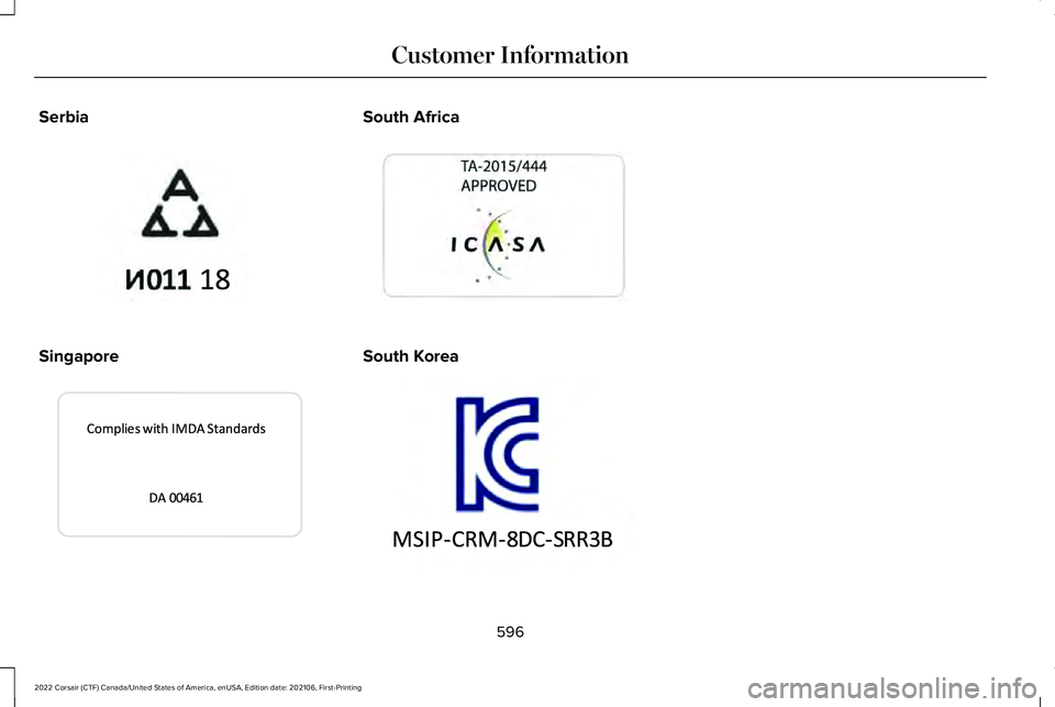 LINCOLN CORSAIR 2022  Owners Manual Serbia
Singapore South Africa
South Korea
596
2022 Corsair (CTF) Canada/United States of America, enUSA, Edition date: 202106, First-Printing Customer InformationE340200  E339940   E269696  E351001   