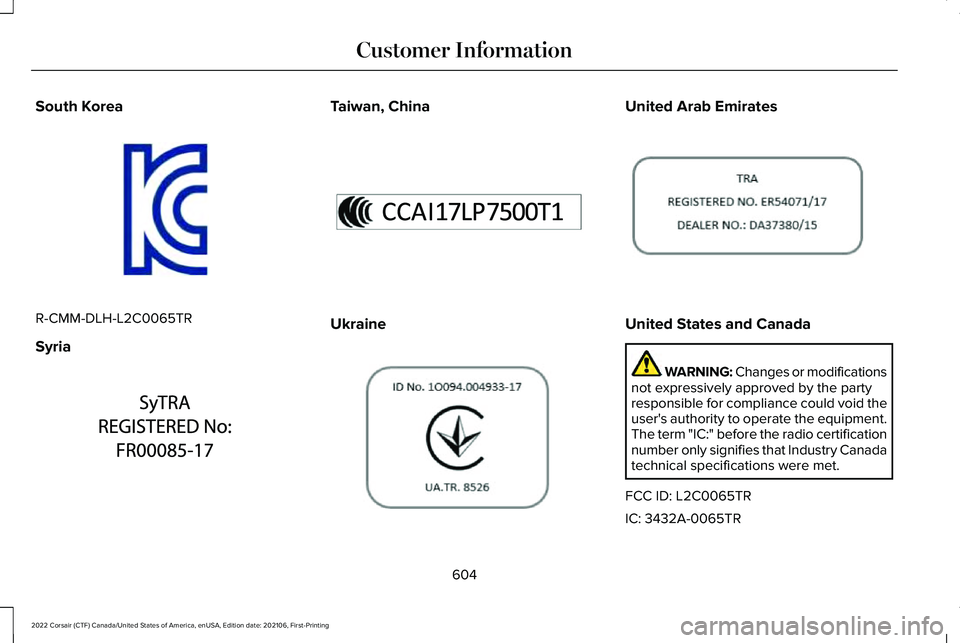 LINCOLN CORSAIR 2022 Owners Manual South Korea
R-CMM-DLH-L2C0065TR
Syria Taiwan, China
Ukraine United Arab Emirates
United States and Canada
WARNING: Changes or modifications
not expressively approved by the party
responsible for compl LINCOLN CORSAIR 2022 Owners Manual South Korea
R-CMM-DLH-L2C0065TR
Syria Taiwan, China
Ukraine United Arab Emirates
United States and Canada
WARNING: Changes or modifications
not expressively approved by the party
responsible for compl