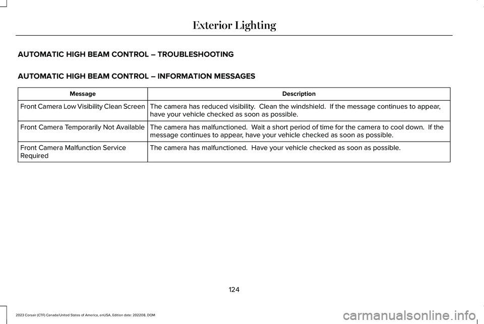 LINCOLN CORSAIR 2023 Owners Manual AUTOMATIC HIGH BEAM CONTROL – TROUBLESHOOTING
AUTOMATIC HIGH BEAM CONTROL – INFORMATION MESSAGES
DescriptionMessage
The camera has reduced visibility. Clean the windshield. If the message contin LINCOLN CORSAIR 2023 Owners Manual AUTOMATIC HIGH BEAM CONTROL – TROUBLESHOOTING
AUTOMATIC HIGH BEAM CONTROL – INFORMATION MESSAGES
DescriptionMessage
The camera has reduced visibility. Clean the windshield. If the message contin