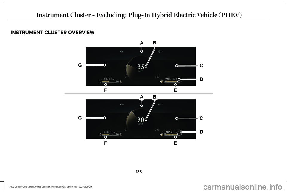 LINCOLN CORSAIR 2023 Owners Manual INSTRUMENT CLUSTER OVERVIEW
138
2023 Corsair (CTF) Canada/United States of America, enUSA, Edition date: 202208, DOMInstrument Cluster - Excluding: Plug-In Hybrid Electric Vehicle (PHEV)E297320 LINCOLN CORSAIR 2023 Owners Manual INSTRUMENT CLUSTER OVERVIEW
138
2023 Corsair (CTF) Canada/United States of America, enUSA, Edition date: 202208, DOMInstrument Cluster - Excluding: Plug-In Hybrid Electric Vehicle (PHEV)E297320