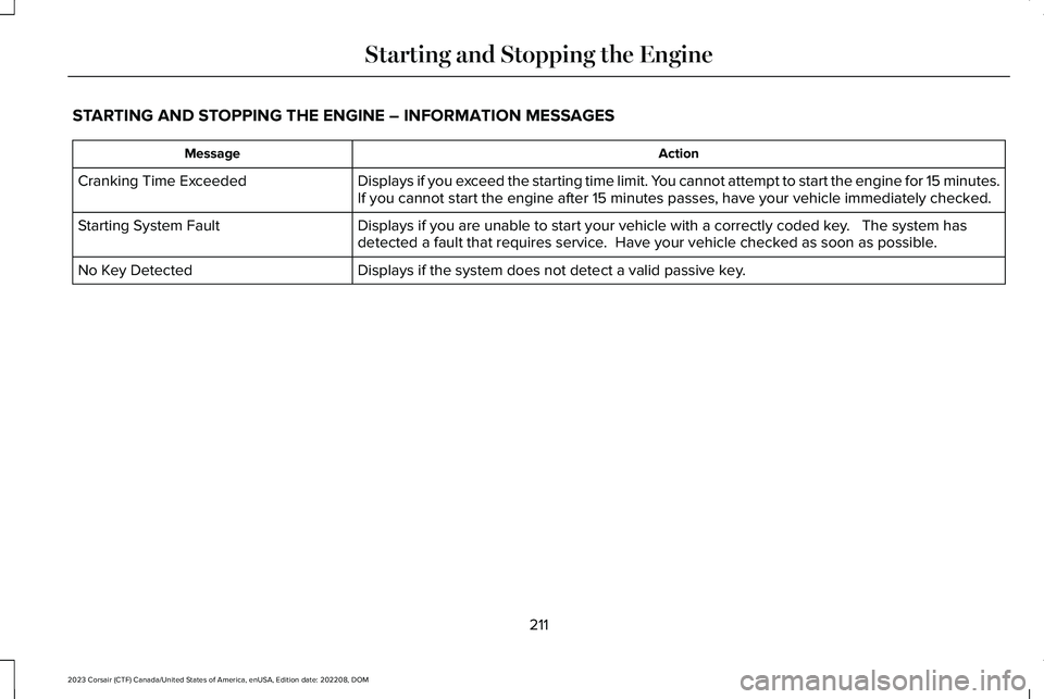 LINCOLN CORSAIR 2023 Owners Manual STARTING AND STOPPING THE ENGINE – INFORMATION MESSAGES
ActionMessage
Displays if you exceed the starting time limit. You cannot attempt to start the engine for 15 minutes.If you cannot start the en LINCOLN CORSAIR 2023 Owners Manual STARTING AND STOPPING THE ENGINE – INFORMATION MESSAGES
ActionMessage
Displays if you exceed the starting time limit. You cannot attempt to start the engine for 15 minutes.If you cannot start the en