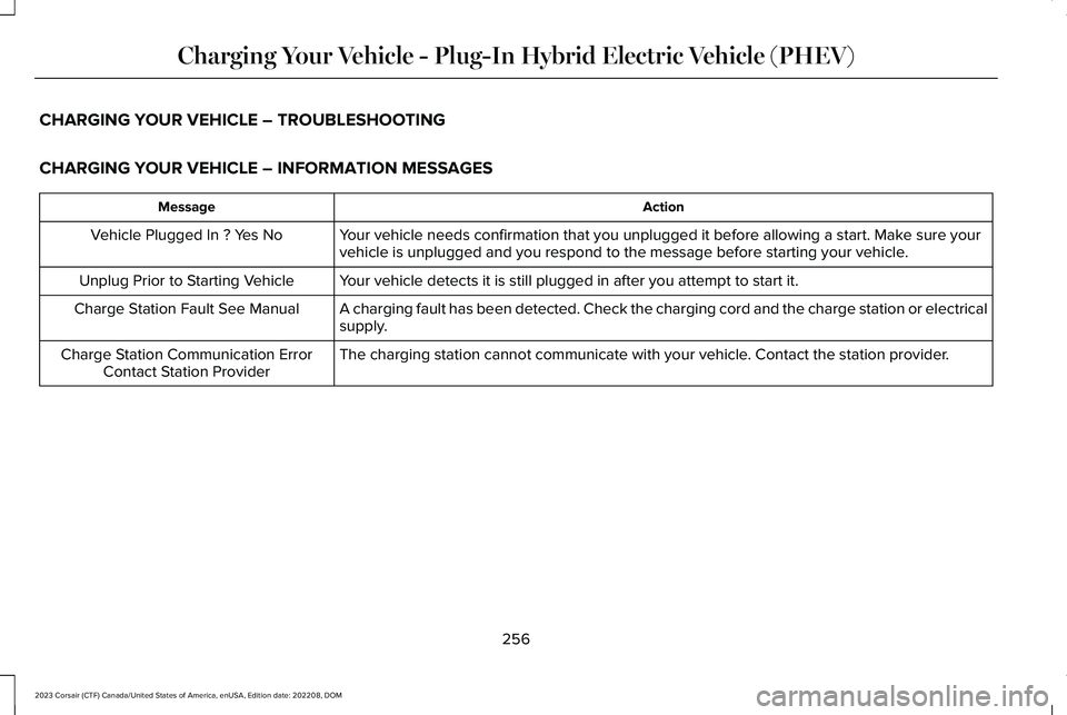 LINCOLN CORSAIR 2023  Owners Manual CHARGING YOUR VEHICLE – TROUBLESHOOTING
CHARGING YOUR VEHICLE – INFORMATION MESSAGES
ActionMessage
Your vehicle needs confirmation that you unplugged it before allowing a start. Make sure yourvehi