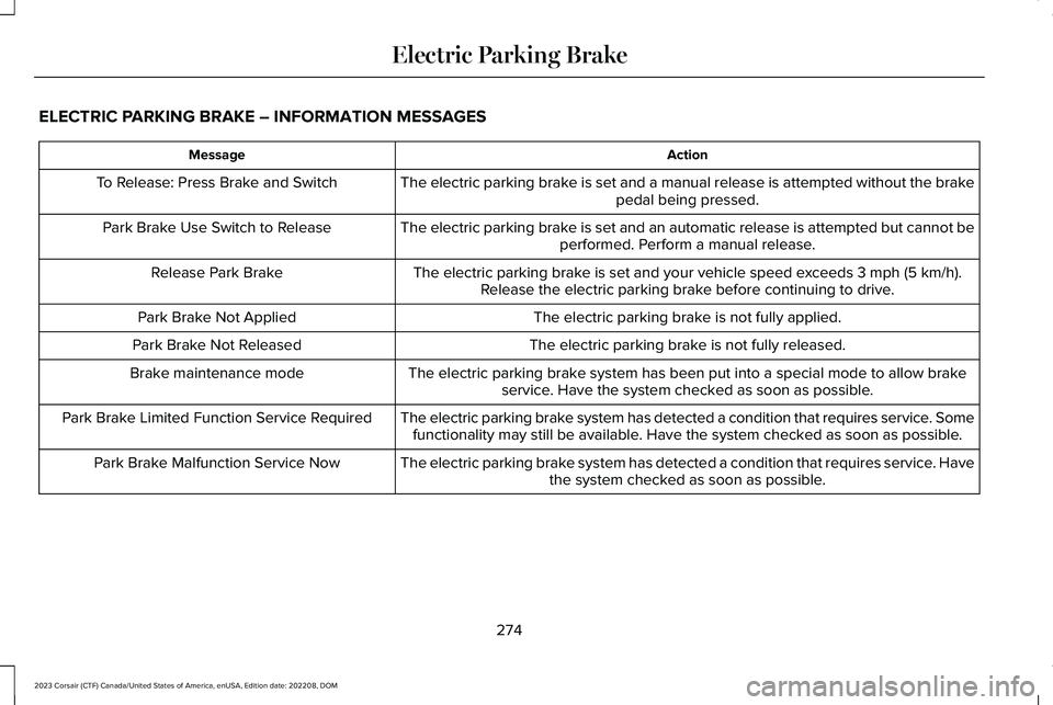 LINCOLN CORSAIR 2023 Owners Manual ELECTRIC PARKING BRAKE – INFORMATION MESSAGES
ActionMessage
The electric parking brake is set and a manual release is attempted without the brakepedal being pressed.To Release: Press Brake and Switc LINCOLN CORSAIR 2023 Owners Manual ELECTRIC PARKING BRAKE – INFORMATION MESSAGES
ActionMessage
The electric parking brake is set and a manual release is attempted without the brakepedal being pressed.To Release: Press Brake and Switc