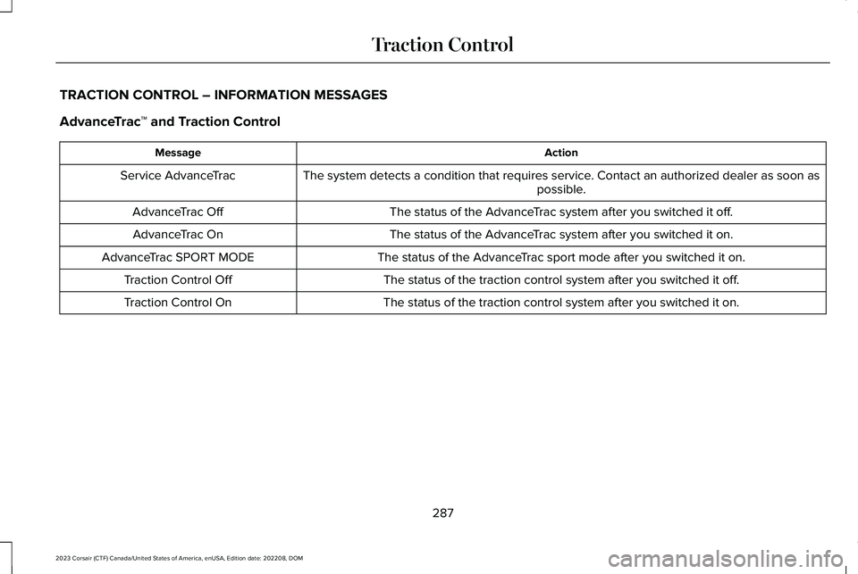 LINCOLN CORSAIR 2023  Owners Manual TRACTION CONTROL – INFORMATION MESSAGES
AdvanceTrac™ and Traction Control
ActionMessage
The system detects a condition that requires service. Contact an authorized dealer as soon aspossible.Servic
