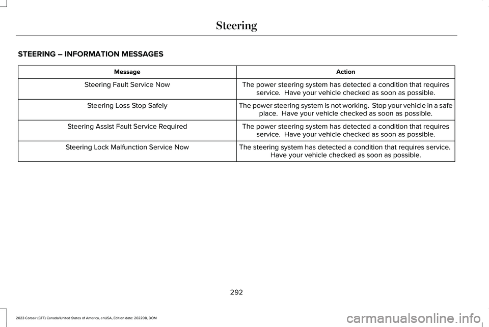 LINCOLN CORSAIR 2023  Owners Manual STEERING – INFORMATION MESSAGES
ActionMessage
The power steering system has detected a condition that requiresservice.  Have your vehicle checked as soon as possible.Steering Fault Service Now
The p