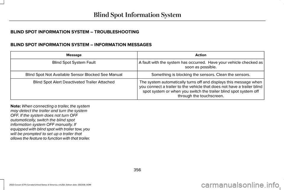 LINCOLN CORSAIR 2023 Owners Manual BLIND SPOT INFORMATION SYSTEM – TROUBLESHOOTING
BLIND SPOT INFORMATION SYSTEM – INFORMATION MESSAGES
ActionMessage
A fault with the system has occurred. Have your vehicle checked assoon as possib LINCOLN CORSAIR 2023 Owners Manual BLIND SPOT INFORMATION SYSTEM – TROUBLESHOOTING
BLIND SPOT INFORMATION SYSTEM – INFORMATION MESSAGES
ActionMessage
A fault with the system has occurred. Have your vehicle checked assoon as possib