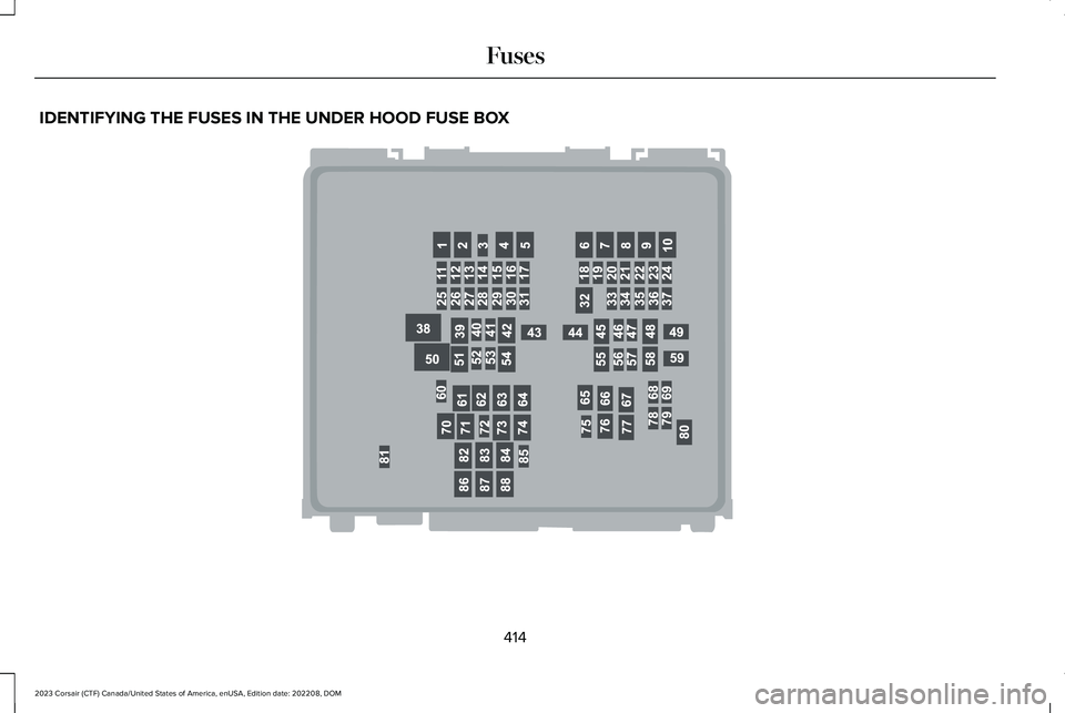LINCOLN CORSAIR 2023  Owners Manual IDENTIFYING THE FUSES IN THE UNDER HOOD FUSE BOX
414
2023 Corsair (CTF) Canada/United States of America, enUSA, Edition date: 202208, DOMFuses E292669   