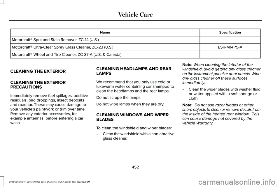 LINCOLN CORSAIR 2023 Owners Manual SpecificationName
Motorcraft® Spot and Stain Remover, ZC-14 (U.S.)
ESR-M14P5-AMotorcraft® Ultra-Clear Spray Glass Cleaner, ZC-23 (U.S.)
Motorcraft® Wheel and Tire Cleaner, ZC-37-A (U.S. & Canada)
C LINCOLN CORSAIR 2023 Owners Manual SpecificationName
Motorcraft® Spot and Stain Remover, ZC-14 (U.S.)
ESR-M14P5-AMotorcraft® Ultra-Clear Spray Glass Cleaner, ZC-23 (U.S.)
Motorcraft® Wheel and Tire Cleaner, ZC-37-A (U.S. & Canada)
C