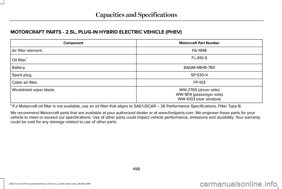 LINCOLN CORSAIR 2023  Owners Manual MOTORCRAFT PARTS - 2.5L, PLUG-IN HYBRID ELECTRIC VEHICLE (PHEV)
Motorcraft Part NumberComponent
FA-1948Air filter element.
FL-910-SOil filter.1
BAGM-48H6-760Battery.
SP-530-XSpark plug.
FP-103Cabin ai