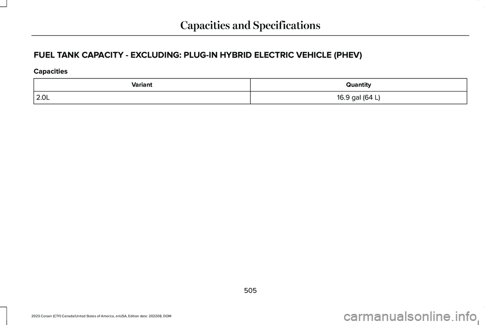 LINCOLN CORSAIR 2023  Owners Manual FUEL TANK CAPACITY - EXCLUDING: PLUG-IN HYBRID ELECTRIC VEHICLE (PHEV)
Capacities
QuantityVariant
16.9 gal (64 L)2.0L
505
2023 Corsair (CTF) Canada/United States of America, enUSA, Edition date: 20220