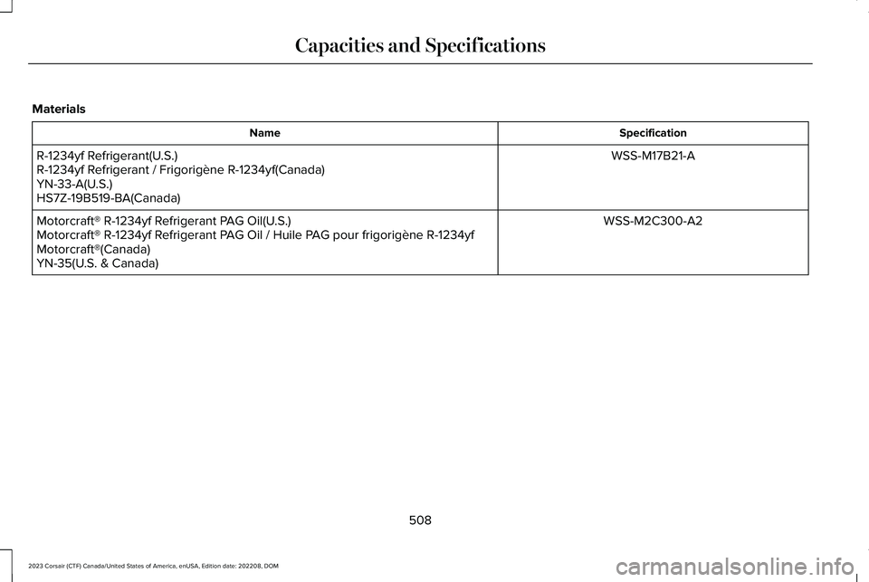 LINCOLN CORSAIR 2023 Owners Manual Materials
SpecificationName
WSS-M17B21-AR-1234yf Refrigerant(U.S.)R-1234yf Refrigerant / Frigorigène R-1234yf(Canada)YN-33-A(U.S.)HS7Z-19B519-BA(Canada)
WSS-M2C300-A2Motorcraft® R-1234yf Refrigerant LINCOLN CORSAIR 2023 Owners Manual Materials
SpecificationName
WSS-M17B21-AR-1234yf Refrigerant(U.S.)R-1234yf Refrigerant / Frigorigène R-1234yf(Canada)YN-33-A(U.S.)HS7Z-19B519-BA(Canada)
WSS-M2C300-A2Motorcraft® R-1234yf Refrigerant