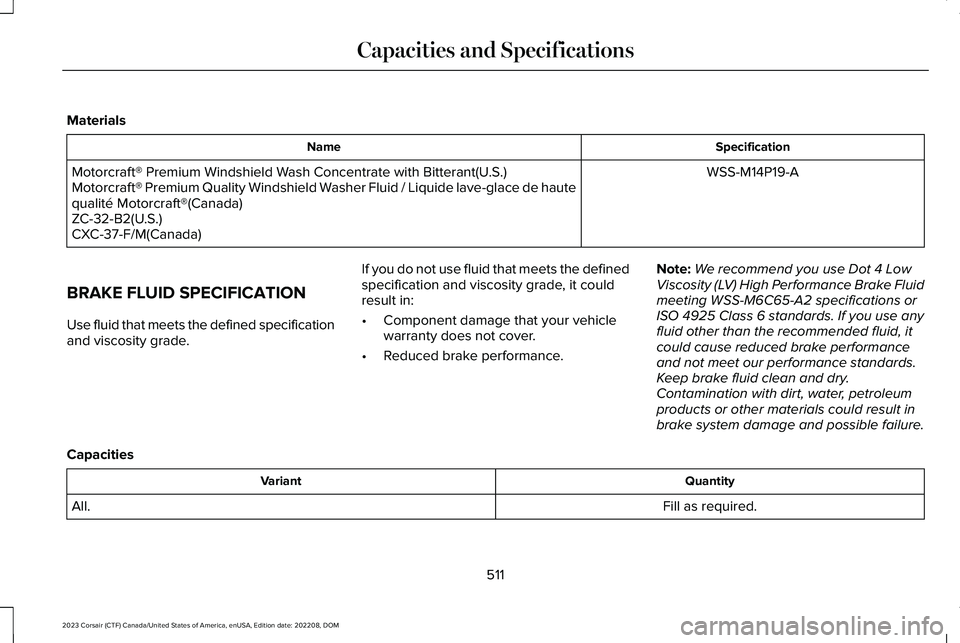 LINCOLN CORSAIR 2023 Owners Manual Materials
SpecificationName
WSS-M14P19-AMotorcraft® Premium Windshield Wash Concentrate with Bitterant(U.S.)Motorcraft® Premium Quality Windshield Washer Fluid / Liquide lave-glace de hautequalité LINCOLN CORSAIR 2023 Owners Manual Materials
SpecificationName
WSS-M14P19-AMotorcraft® Premium Windshield Wash Concentrate with Bitterant(U.S.)Motorcraft® Premium Quality Windshield Washer Fluid / Liquide lave-glace de hautequalité