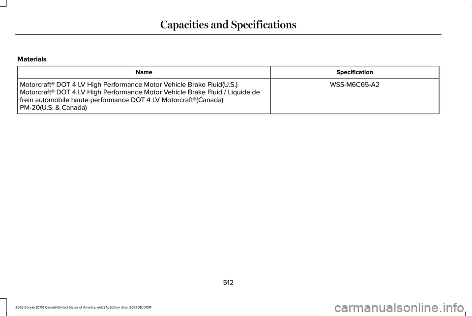 LINCOLN CORSAIR 2023 Owners Manual Materials
SpecificationName
WSS-M6C65-A2Motorcraft® DOT 4 LV High Performance Motor Vehicle Brake Fluid(U.S.)Motorcraft® DOT 4 LV High Performance Motor Vehicle Brake Fluid / Liquide defrein automob LINCOLN CORSAIR 2023 Owners Manual Materials
SpecificationName
WSS-M6C65-A2Motorcraft® DOT 4 LV High Performance Motor Vehicle Brake Fluid(U.S.)Motorcraft® DOT 4 LV High Performance Motor Vehicle Brake Fluid / Liquide defrein automob