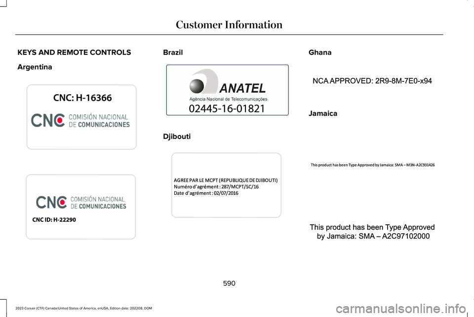 LINCOLN CORSAIR 2023  Owners Manual KEYS AND REMOTE CONTROLS
Argentina
Brazil
Djibouti
Ghana
Jamaica
590
2023 Corsair (CTF) Canada/United States of America, enUSA, Edition date: 202208, DOMCustomer InformationE339844  E340316  E340121  