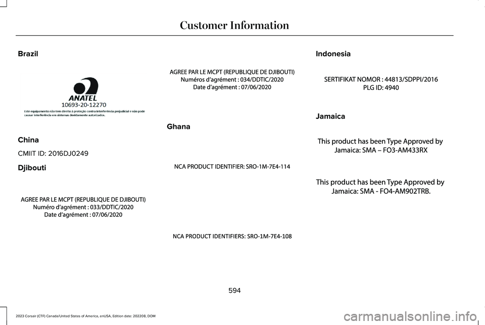 LINCOLN CORSAIR 2023  Owners Manual Brazil
China
CMIIT ID: 2016DJ0249
Djibouti
Ghana
Indonesia
Jamaica
594
2023 Corsair (CTF) Canada/United States of America, enUSA, Edition date: 202208, DOMCustomer InformationE355960  E356133  E355968