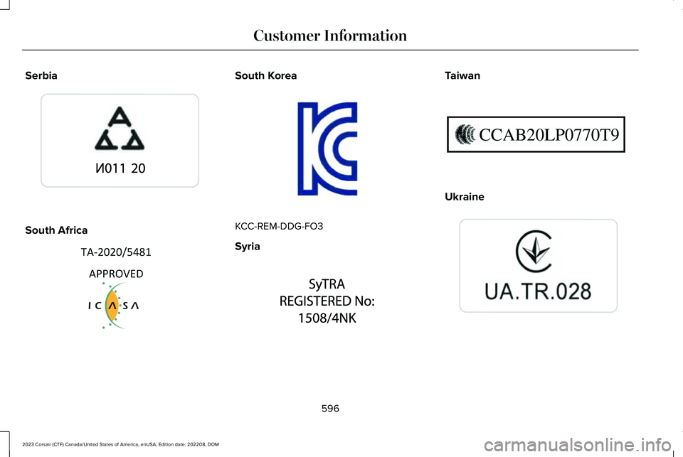 LINCOLN CORSAIR 2023  Owners Manual Serbia
South Africa
South Korea
KCC-REM-DDG-FO3
Syria
Taiwan
Ukraine
596
2023 Corsair (CTF) Canada/United States of America, enUSA, Edition date: 202208, DOMCustomer InformationE341434  E355959  E3396