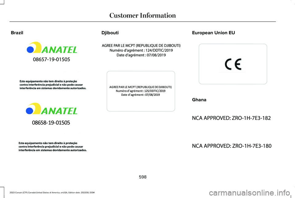 LINCOLN CORSAIR 2023  Owners Manual BrazilDjiboutiEuropean Union EU
Ghana
598
2023 Corsair (CTF) Canada/United States of America, enUSA, Edition date: 202208, DOMCustomer InformationE342398  E342510  E342399  E342511  E310043  E338082  