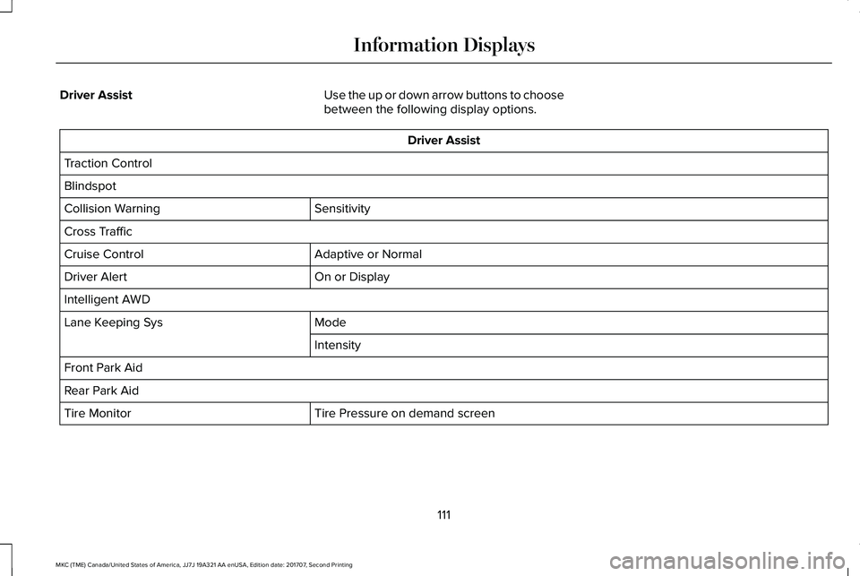 LINCOLN MKC 2018 Owners Manual Driver AssistUse the up or down arrow buttons to choosebetween the following display options.
Driver Assist
Traction Control
Blindspot
SensitivityCollision Warning
Cross Traffic
Adaptive or NormalCrui LINCOLN MKC 2018 Owners Manual Driver AssistUse the up or down arrow buttons to choosebetween the following display options.
Driver Assist
Traction Control
Blindspot
SensitivityCollision Warning
Cross Traffic
Adaptive or NormalCrui