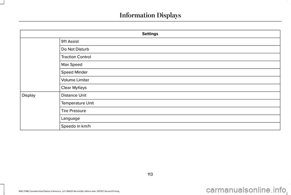 LINCOLN MKC 2018 Owners Manual Settings
911 Assist
Do Not Disturb
Traction Control
Max Speed
Speed Minder
Volume Limiter
Clear MyKeys
Distance UnitDisplay
Temperature Unit
Tire Pressure
Language
Speedo in km/h
113
MKC (TME) Canada/ LINCOLN MKC 2018 Owners Manual Settings
911 Assist
Do Not Disturb
Traction Control
Max Speed
Speed Minder
Volume Limiter
Clear MyKeys
Distance UnitDisplay
Temperature Unit
Tire Pressure
Language
Speedo in km/h
113
MKC (TME) Canada/