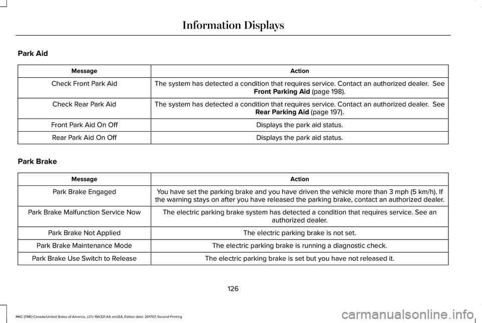 LINCOLN MKC 2018 Service Manual Park Aid
ActionMessage
The system has detected a condition that requires service. Contact an authorized dealer. SeeFront Parking Aid (page 198).Check Front Park Aid
The system has detected a conditio LINCOLN MKC 2018 Service Manual Park Aid
ActionMessage
The system has detected a condition that requires service. Contact an authorized dealer. SeeFront Parking Aid (page 198).Check Front Park Aid
The system has detected a conditio