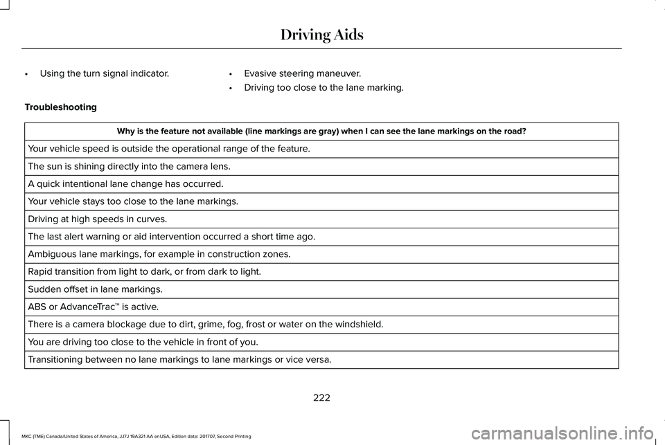 LINCOLN MKC 2018 Owners Manual •Using the turn signal indicator.•Evasive steering maneuver.
•Driving too close to the lane marking.
Troubleshooting
Why is the feature not available (line markings are gray) when I can see the LINCOLN MKC 2018 Owners Manual •Using the turn signal indicator.•Evasive steering maneuver.
•Driving too close to the lane marking.
Troubleshooting
Why is the feature not available (line markings are gray) when I can see the