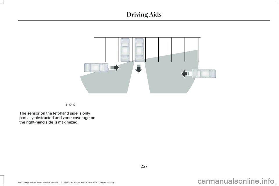 LINCOLN MKC 2018 Service Manual The sensor on the left-hand side is onlypartially obstructed and zone coverage onthe right-hand side is maximized.
227
MKC (TME) Canada/United States of America, JJ7J 19A321 AA enUSA, Edition date: 20