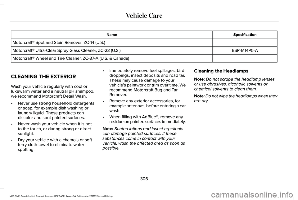 LINCOLN MKC 2018  Owners Manual SpecificationName
Motorcraft® Spot and Stain Remover, ZC-14 (U.S.)
ESR-M14P5-AMotorcraft® Ultra-Clear Spray Glass Cleaner, ZC-23 (U.S.)
Motorcraft® Wheel and Tire Cleaner, ZC-37-A (U.S. & Canada)
C