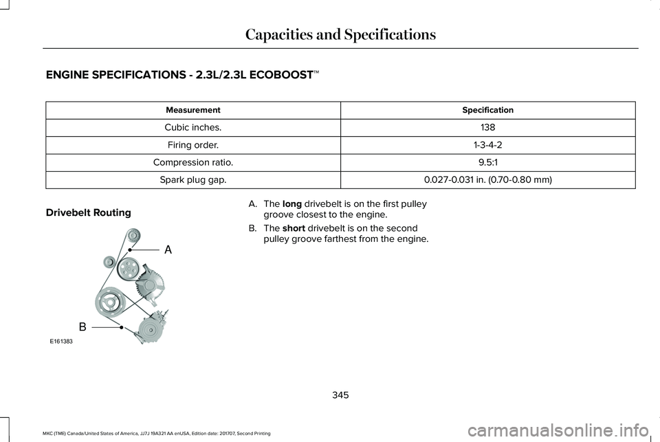 LINCOLN MKC 2018 Owners Manual ENGINE SPECIFICATIONS - 2.3L/2.3L ECOBOOST™
SpecificationMeasurement
138Cubic inches.
1-3-4-2Firing order.
9.5:1Compression ratio.
0.027-0.031 in. (0.70-0.80 mm)Spark plug gap.
Drivebelt RoutingA. T LINCOLN MKC 2018 Owners Manual ENGINE SPECIFICATIONS - 2.3L/2.3L ECOBOOST™
SpecificationMeasurement
138Cubic inches.
1-3-4-2Firing order.
9.5:1Compression ratio.
0.027-0.031 in. (0.70-0.80 mm)Spark plug gap.
Drivebelt RoutingA. T