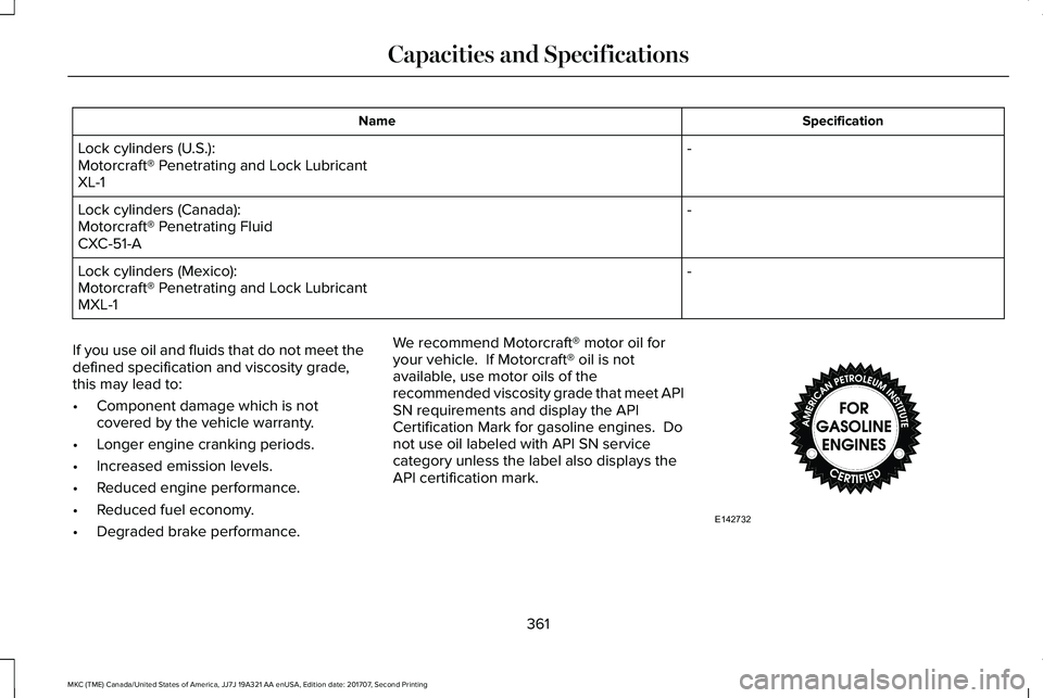 LINCOLN MKC 2018 Owners Manual SpecificationName
-Lock cylinders (U.S.):Motorcraft® Penetrating and Lock LubricantXL-1
-Lock cylinders (Canada):Motorcraft® Penetrating FluidCXC-51-A
-Lock cylinders (Mexico):Motorcraft® Penetrati LINCOLN MKC 2018 Owners Manual SpecificationName
-Lock cylinders (U.S.):Motorcraft® Penetrating and Lock LubricantXL-1
-Lock cylinders (Canada):Motorcraft® Penetrating FluidCXC-51-A
-Lock cylinders (Mexico):Motorcraft® Penetrati