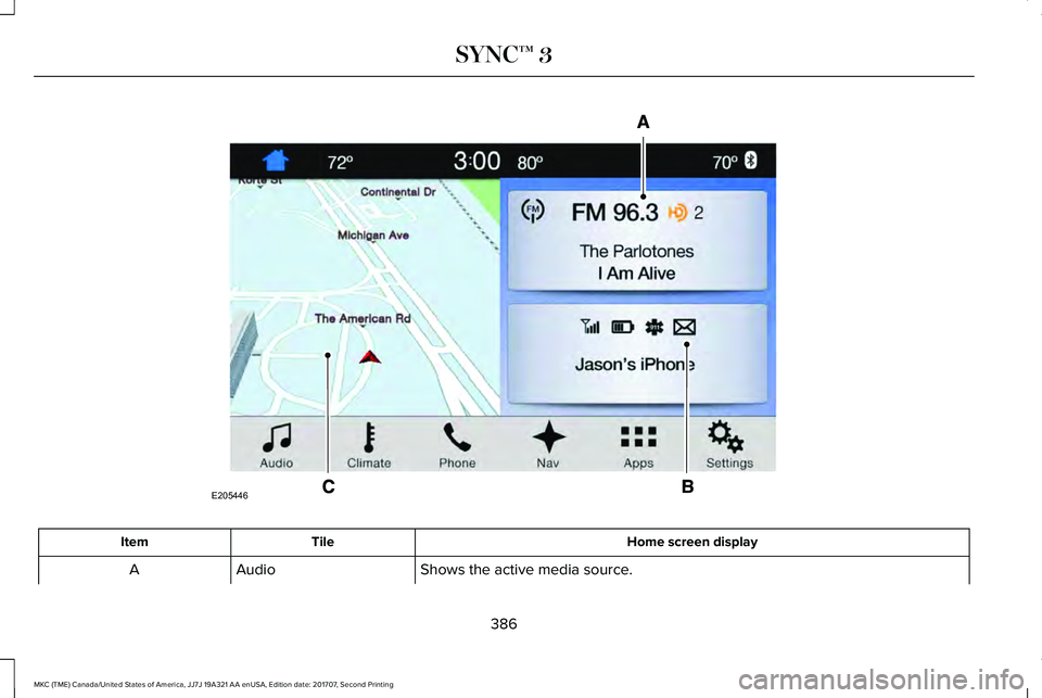 LINCOLN MKC 2018 Owners Manual Home screen displayTileItem
Shows the active media source.AudioA
386
MKC (TME) Canada/United States of America, JJ7J 19A321 AA enUSA, Edition date: 201707, Second Printing
SYNC™ 3E205446 LINCOLN MKC 2018 Owners Manual Home screen displayTileItem
Shows the active media source.AudioA
386
MKC (TME) Canada/United States of America, JJ7J 19A321 AA enUSA, Edition date: 201707, Second Printing
SYNC™ 3E205446