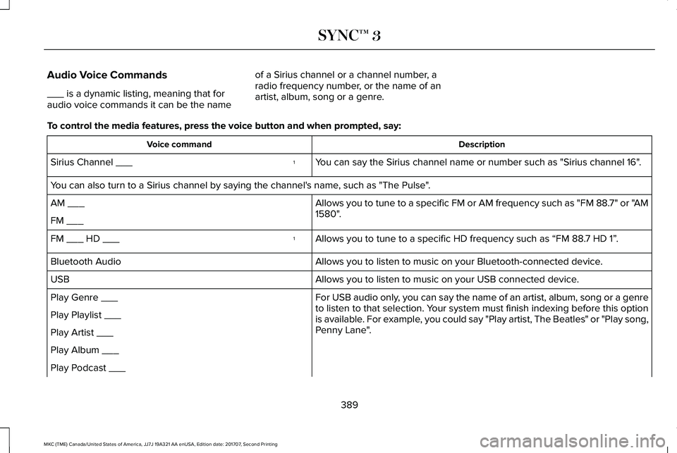 LINCOLN MKC 2018 Owners Manual Audio Voice Commands
___ is a dynamic listing, meaning that foraudio voice commands it can be the name
of a Sirius channel or a channel number, aradio frequency number, or the name of anartist, album, LINCOLN MKC 2018 Owners Manual Audio Voice Commands
___ is a dynamic listing, meaning that foraudio voice commands it can be the name
of a Sirius channel or a channel number, aradio frequency number, or the name of anartist, album,