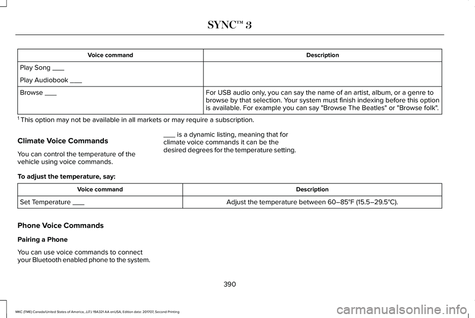 LINCOLN MKC 2018 Owners Manual DescriptionVoice command
Play Song ___
Play Audiobook ___
For USB audio only, you can say the name of an artist, album, or a genre tobrowse by that selection. Your system must finish indexing before t LINCOLN MKC 2018 Owners Manual DescriptionVoice command
Play Song ___
Play Audiobook ___
For USB audio only, you can say the name of an artist, album, or a genre tobrowse by that selection. Your system must finish indexing before t
