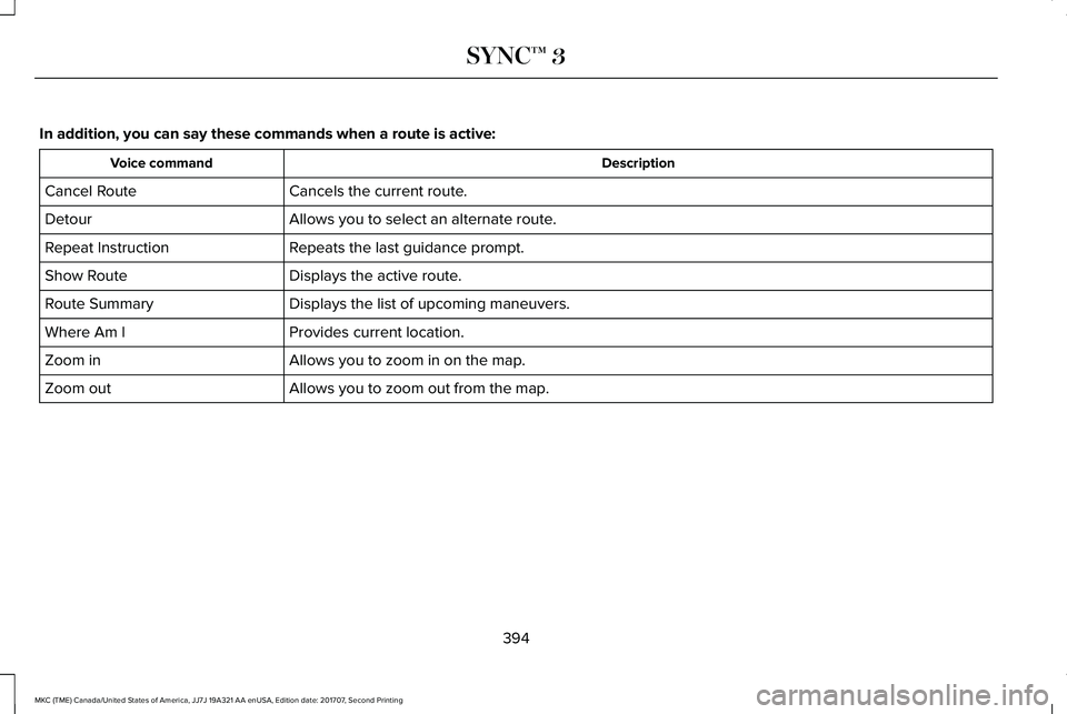 LINCOLN MKC 2018 Owners Manual In addition, you can say these commands when a route is active:
DescriptionVoice command
Cancels the current route.Cancel Route
Allows you to select an alternate route.Detour
Repeats the last guidance LINCOLN MKC 2018 Owners Manual In addition, you can say these commands when a route is active:
DescriptionVoice command
Cancels the current route.Cancel Route
Allows you to select an alternate route.Detour
Repeats the last guidance