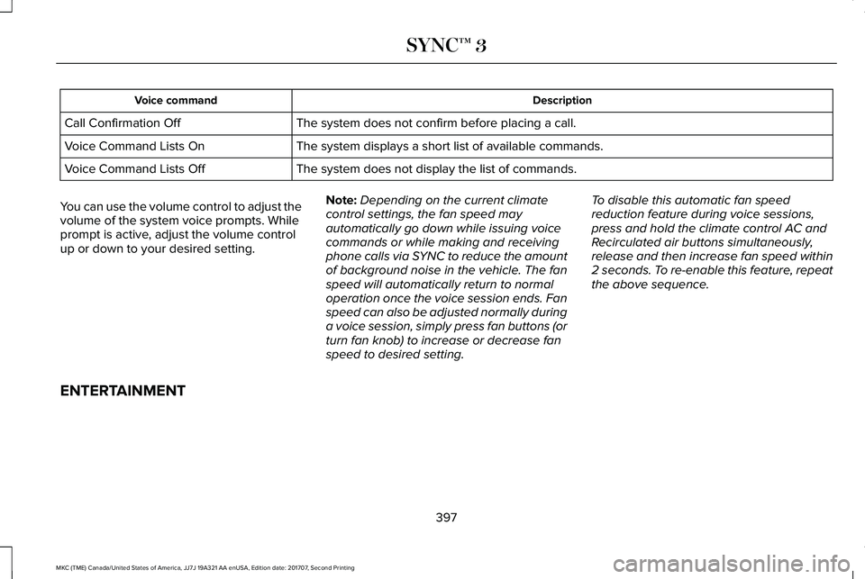 LINCOLN MKC 2018 Owners Manual DescriptionVoice command
The system does not confirm before placing a call.Call Confirmation Off
The system displays a short list of available commands.Voice Command Lists On
The system does not displ LINCOLN MKC 2018 Owners Manual DescriptionVoice command
The system does not confirm before placing a call.Call Confirmation Off
The system displays a short list of available commands.Voice Command Lists On
The system does not displ
