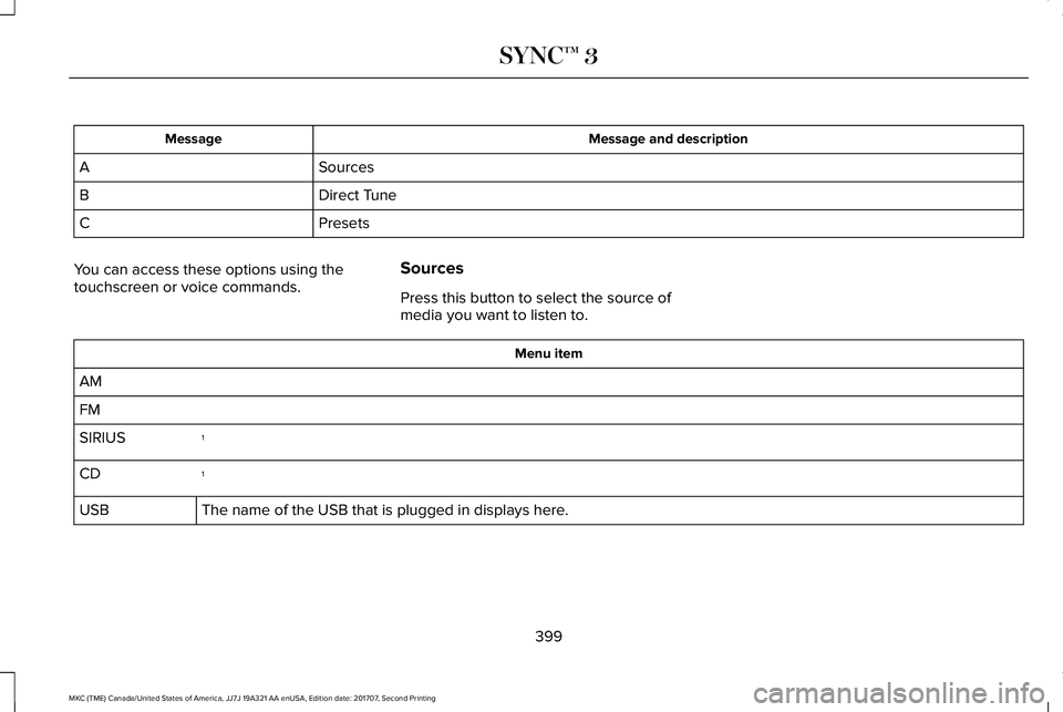 LINCOLN MKC 2018 Owners Manual Message and descriptionMessage
SourcesA
Direct TuneB
PresetsC
You can access these options using thetouchscreen or voice commands.
Sources
Press this button to select the source ofmedia you want to li LINCOLN MKC 2018 Owners Manual Message and descriptionMessage
SourcesA
Direct TuneB
PresetsC
You can access these options using thetouchscreen or voice commands.
Sources
Press this button to select the source ofmedia you want to li