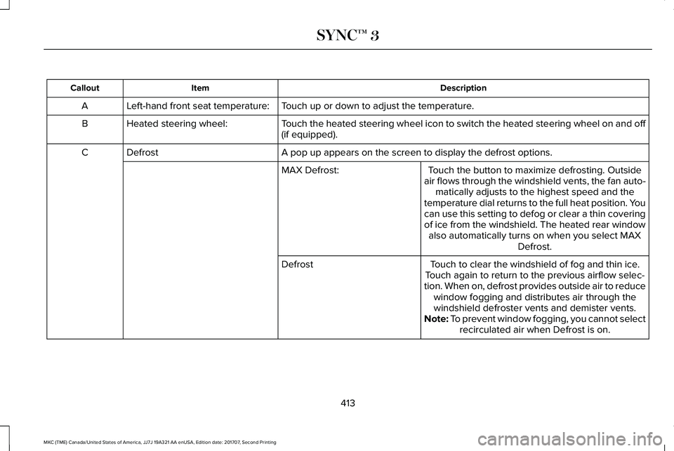 LINCOLN MKC 2018 Owners Manual DescriptionItemCallout
Touch up or down to adjust the temperature.Left-hand front seat temperature:A
Touch the heated steering wheel icon to switch the heated steering wheel on and off(if equipped).He LINCOLN MKC 2018 Owners Manual DescriptionItemCallout
Touch up or down to adjust the temperature.Left-hand front seat temperature:A
Touch the heated steering wheel icon to switch the heated steering wheel on and off(if equipped).He