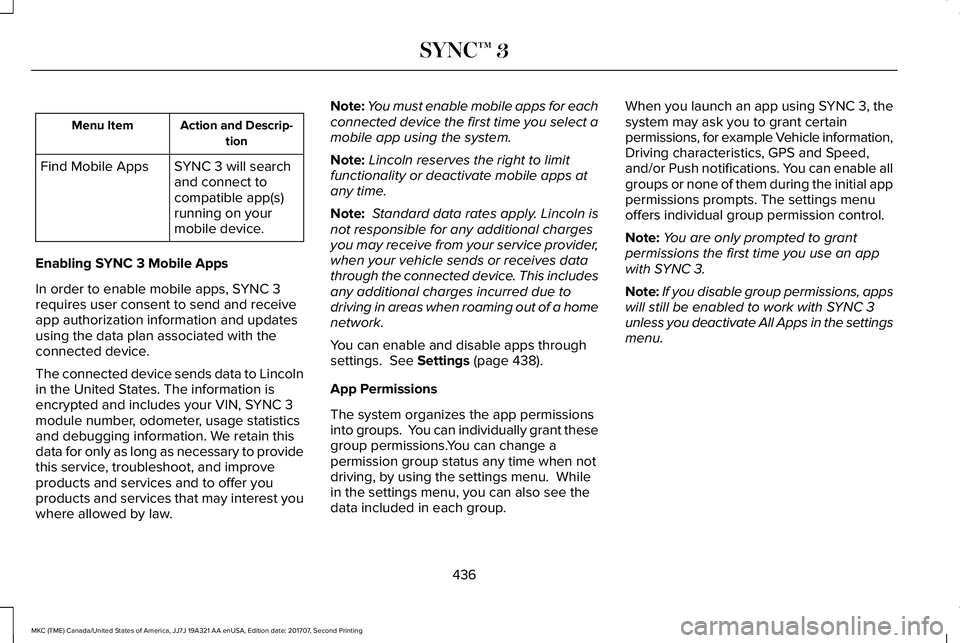 LINCOLN MKC 2018 Owners Manual Action and Descrip-tionMenu Item
SYNC 3 will searchand connect tocompatible app(s)running on yourmobile device.
Find Mobile Apps
Enabling SYNC 3 Mobile Apps
In order to enable mobile apps, SYNC 3requi LINCOLN MKC 2018 Owners Manual Action and Descrip-tionMenu Item
SYNC 3 will searchand connect tocompatible app(s)running on yourmobile device.
Find Mobile Apps
Enabling SYNC 3 Mobile Apps
In order to enable mobile apps, SYNC 3requi