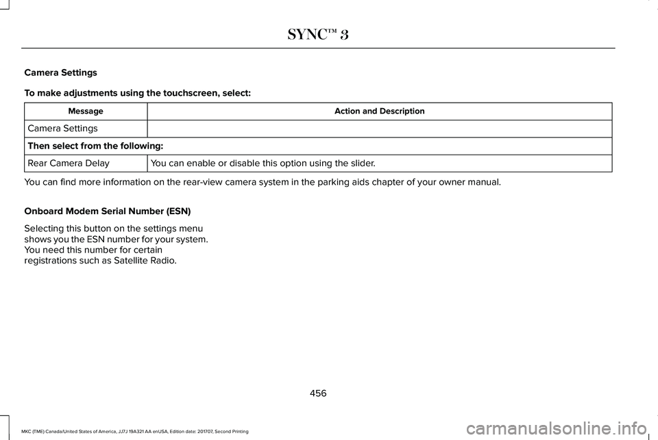 LINCOLN MKC 2018 Owners Manual Camera Settings
To make adjustments using the touchscreen, select:
Action and DescriptionMessage
Camera Settings
Then select from the following:
You can enable or disable this option using the slider. LINCOLN MKC 2018 Owners Manual Camera Settings
To make adjustments using the touchscreen, select:
Action and DescriptionMessage
Camera Settings
Then select from the following:
You can enable or disable this option using the slider.